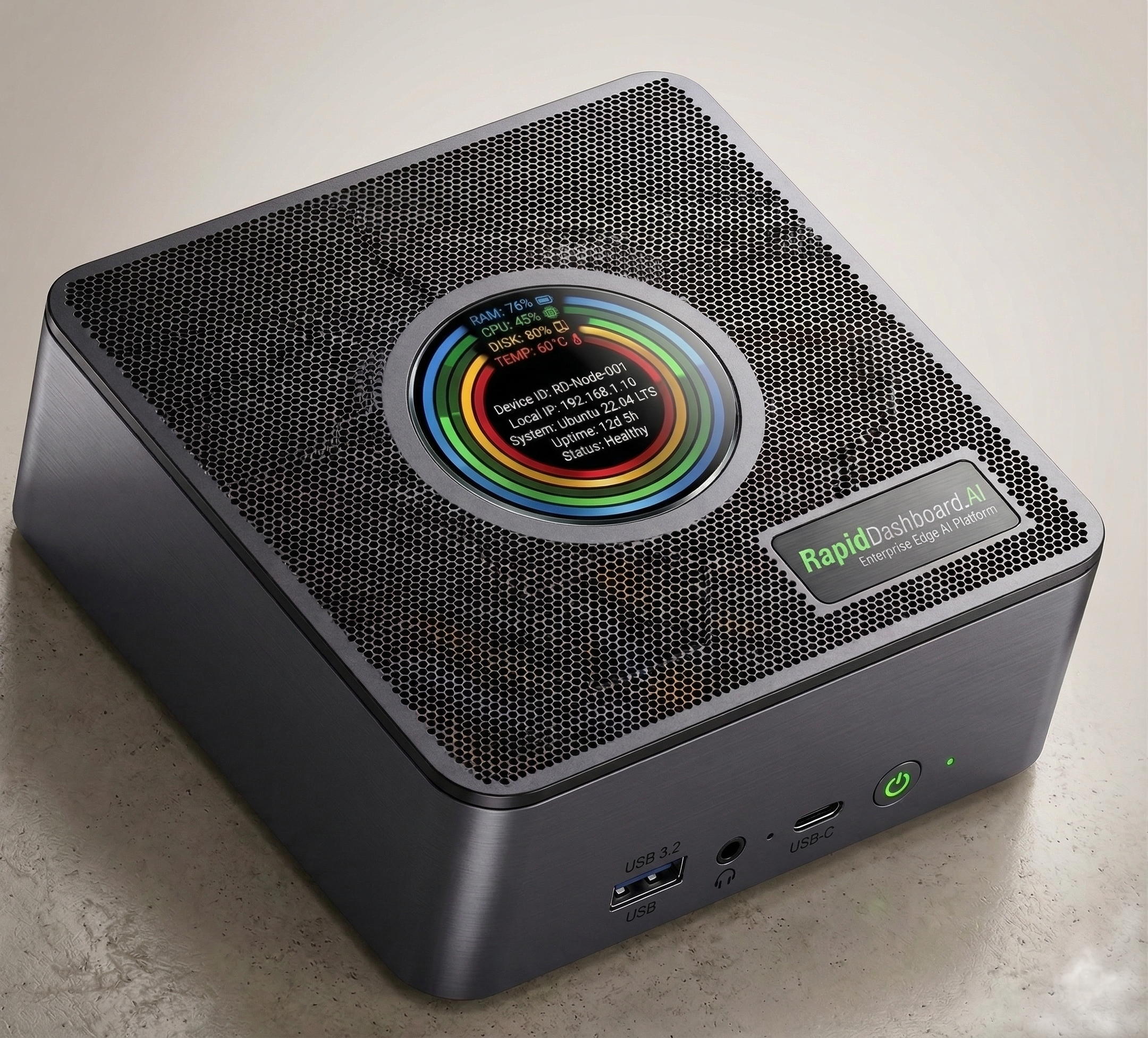 RapidDashboard device mockup — AI in a box for your business