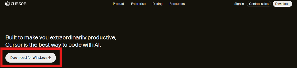 Cursor.com homepage showing the Download for Windows button highlighted