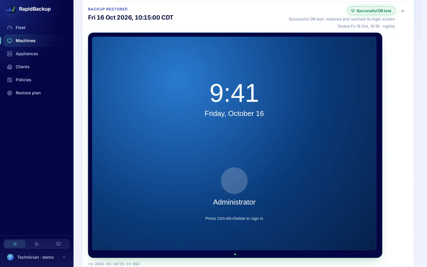 RapidBackup, Boot test: The screen it reached