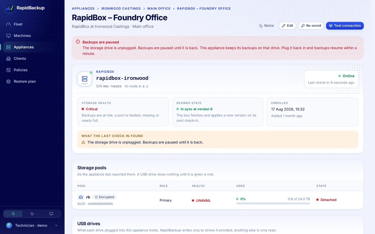 RapidBackup, A box in trouble: Drive unplugged, backups paused