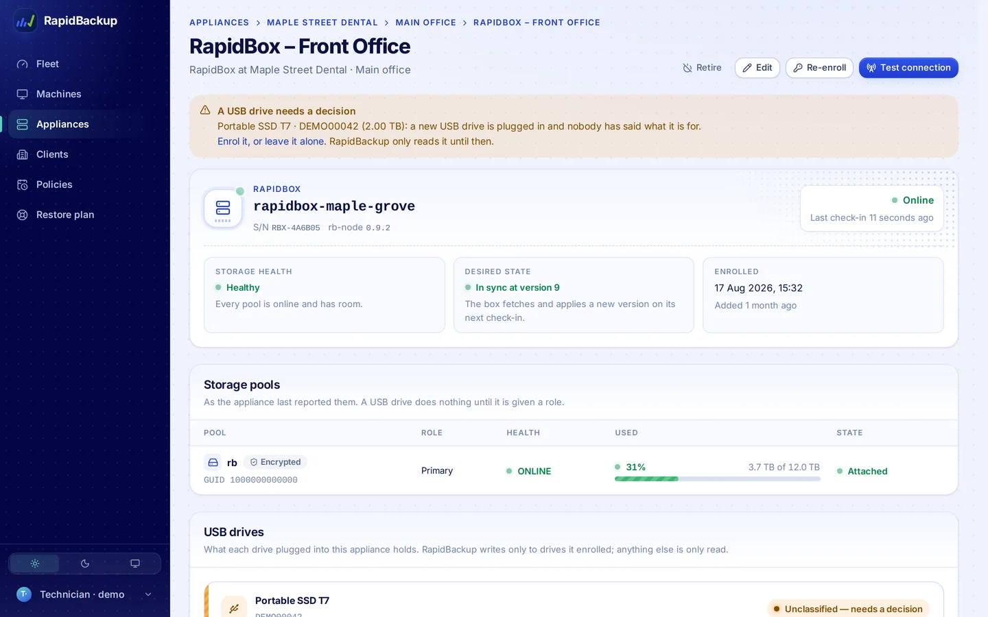 RapidBackup, A healthy box: Pools, drives, check-ins
