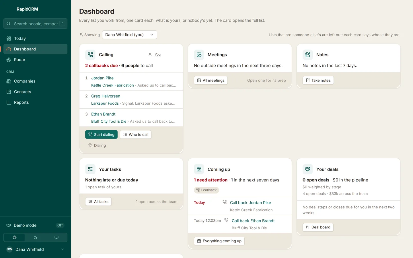 RapidCRM, Dashboard: Every list, one card each