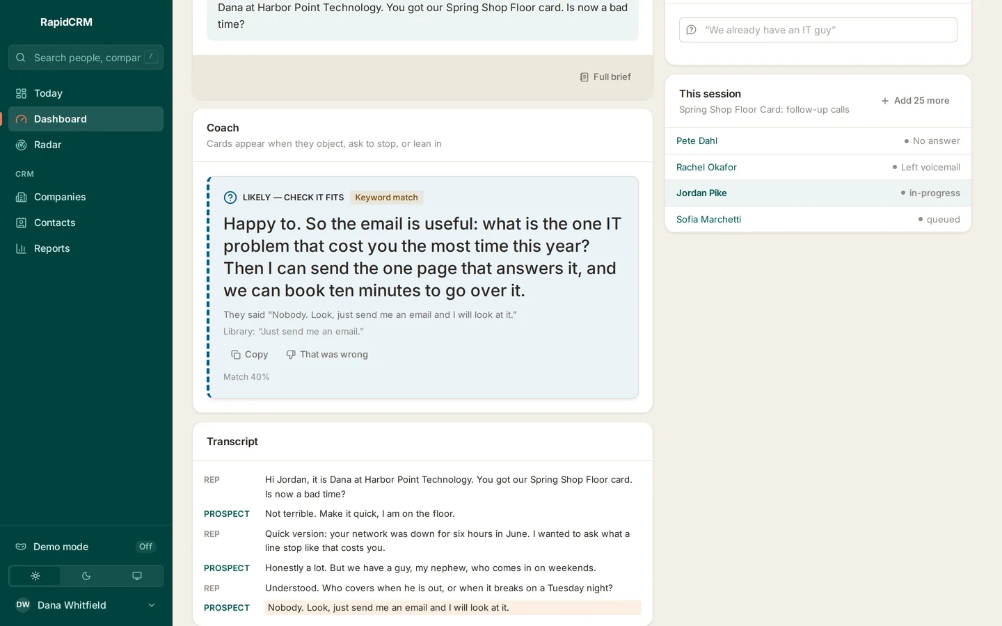 RapidCRM, Live coach: An objection, answered