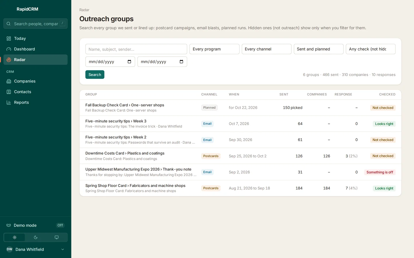 RapidCRM, Outreach groups: Every mailing, searchable