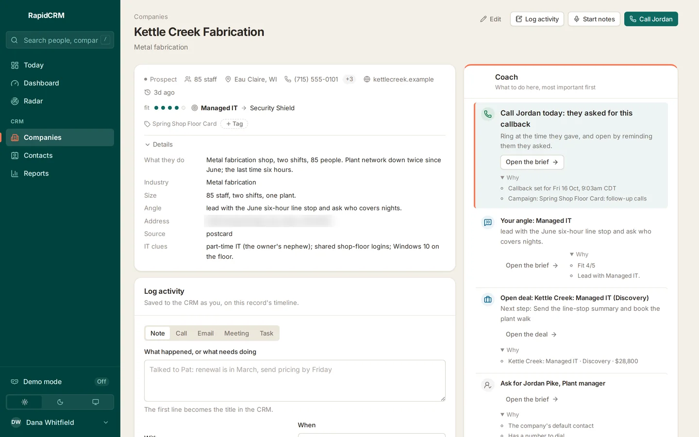 RapidCRM, Company: A glance, not a form