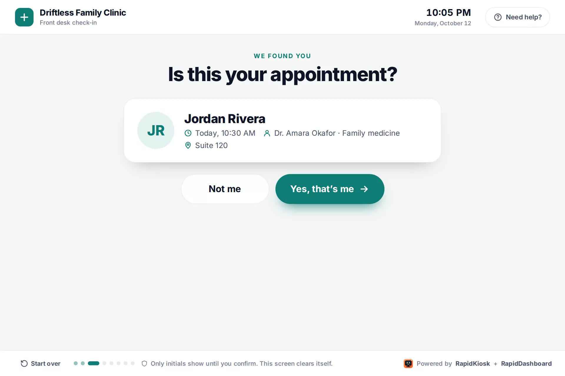 Is this your appointment? Jordan Rivera, today at 10:30 with Dr. Okafor
