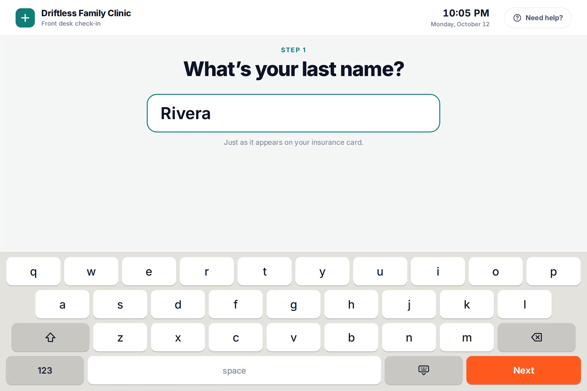 What's your last name? with a large touch keyboard