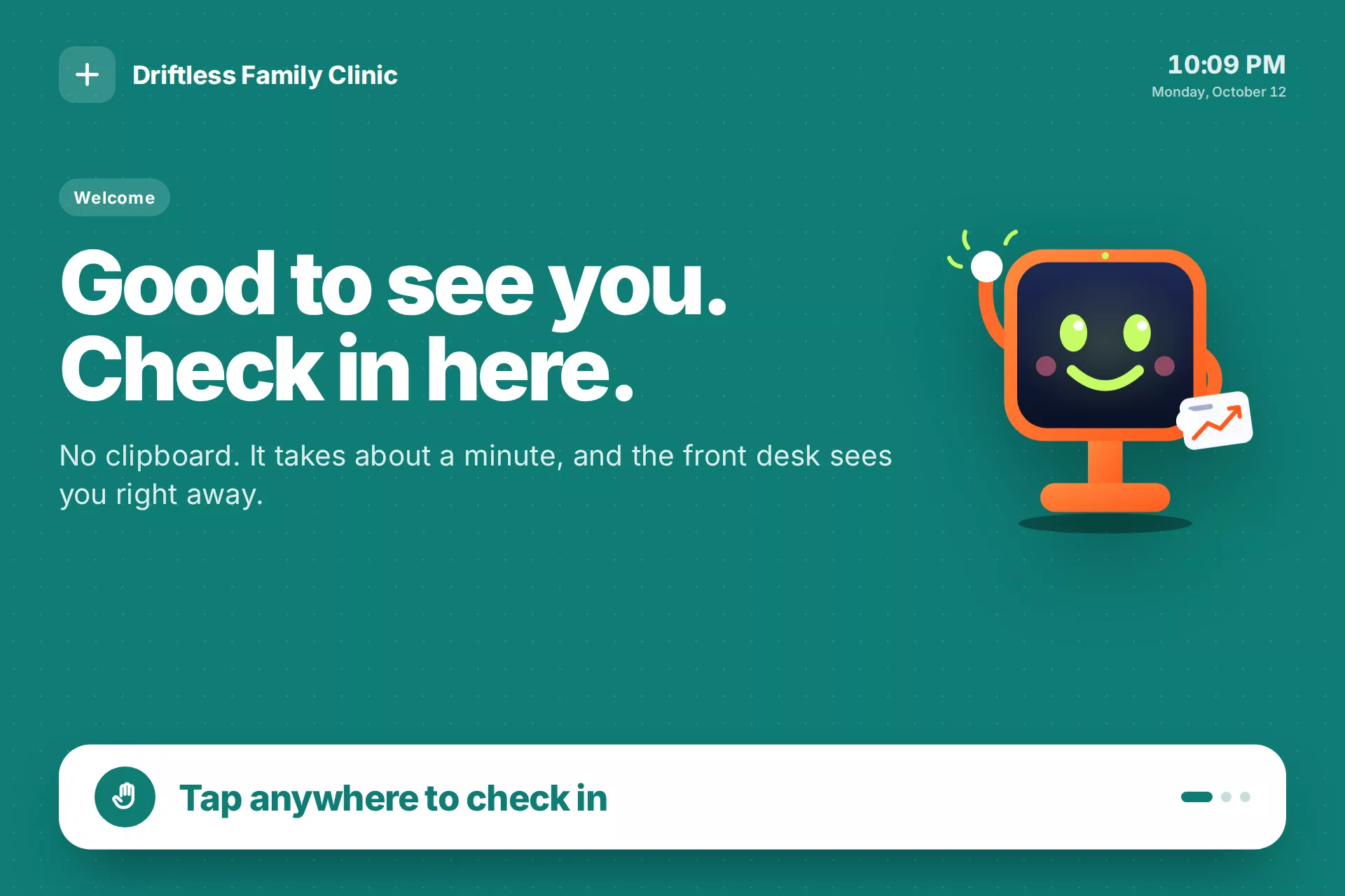 The clinic poster with Kio waving: Good to see you. Check in here.