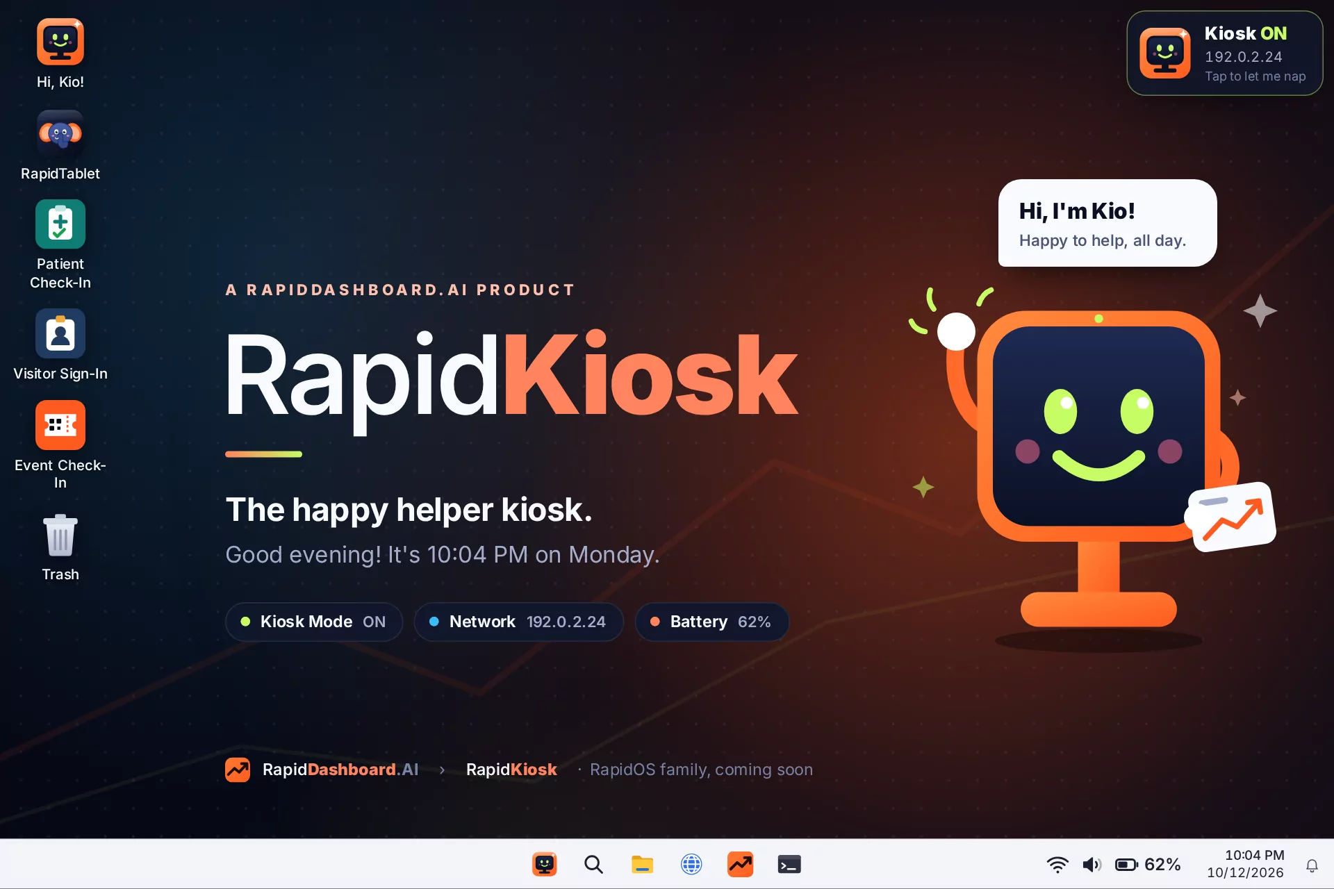 RapidKiosk desktop with the check-in apps and Kio waving