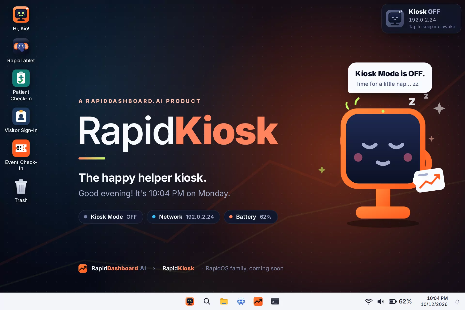 Desktop with Kiosk Mode off and Kio asleep