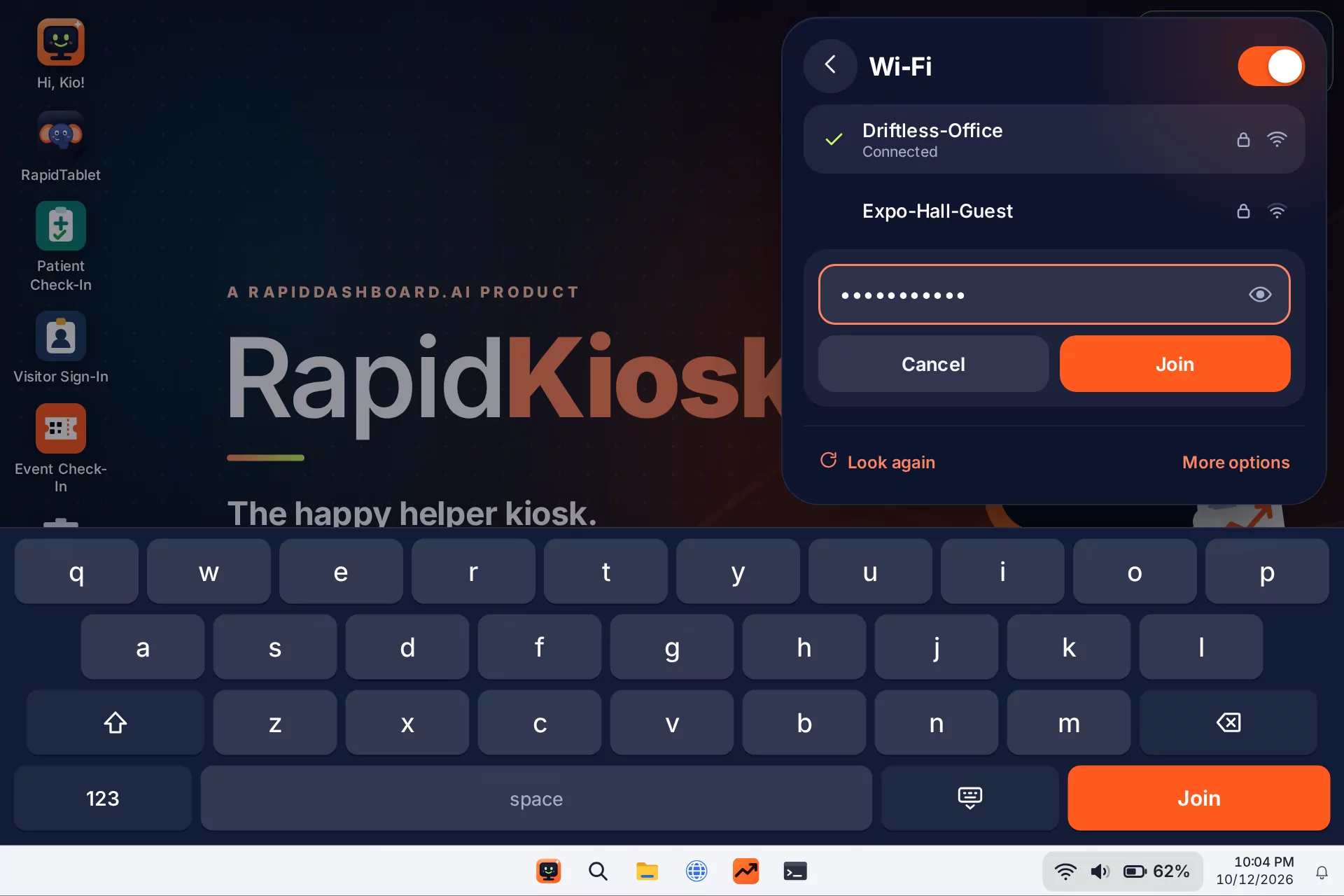 Joining a Wi-Fi network with the touch keyboard