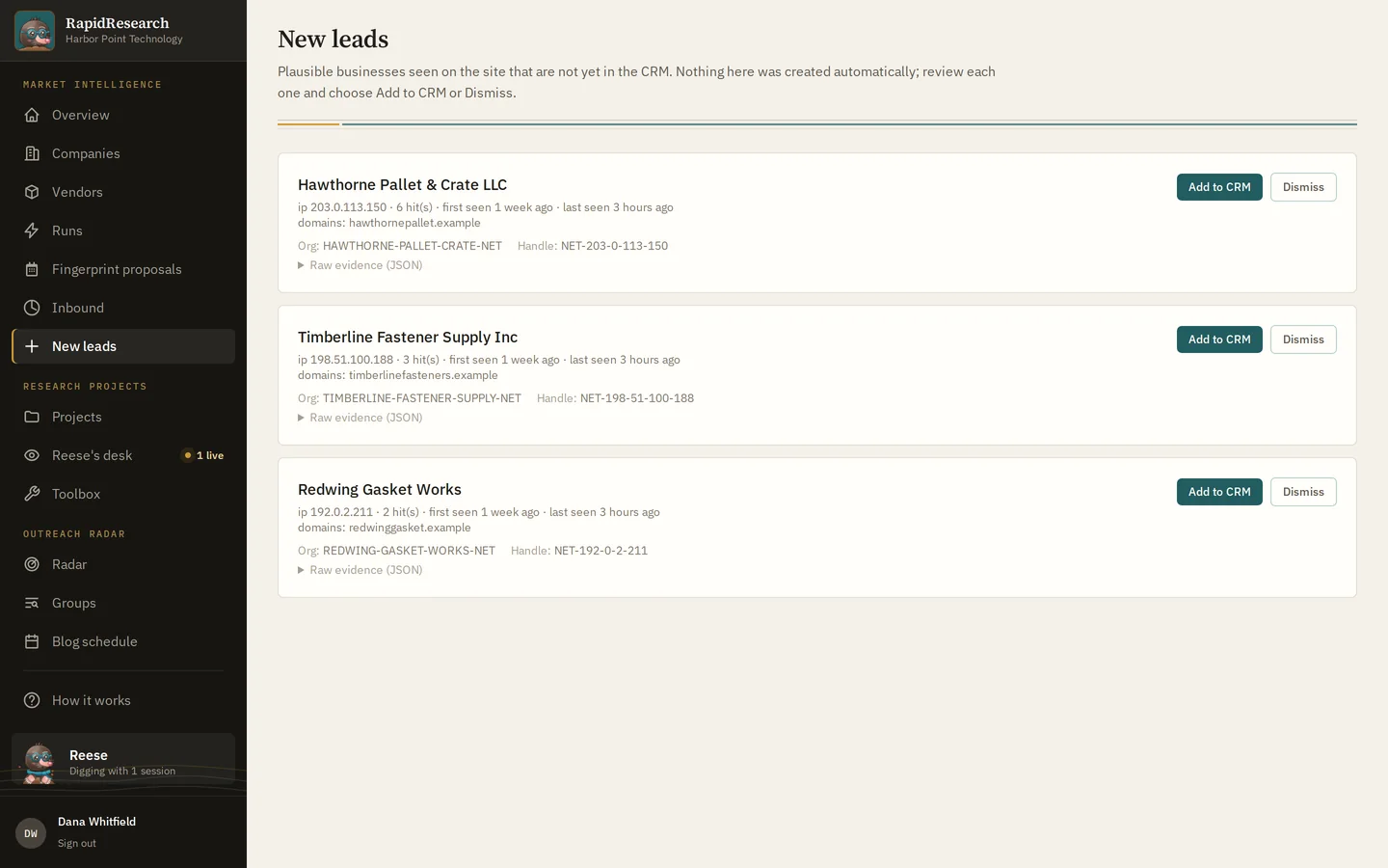 RapidResearch, New leads: Seen, not in the CRM yet