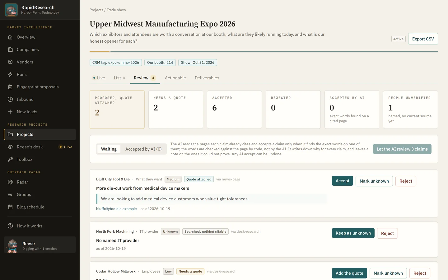 RapidResearch, Review: Every claim needs a quote