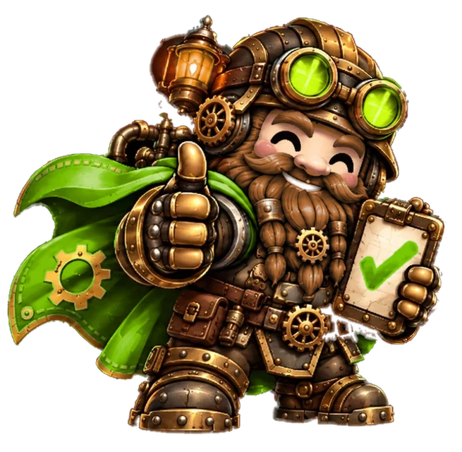 The RapidSideKick mascot: a steampunk dwarf in brass armour and green goggles, giving a thumbs up and holding a clipboard with a green tick.