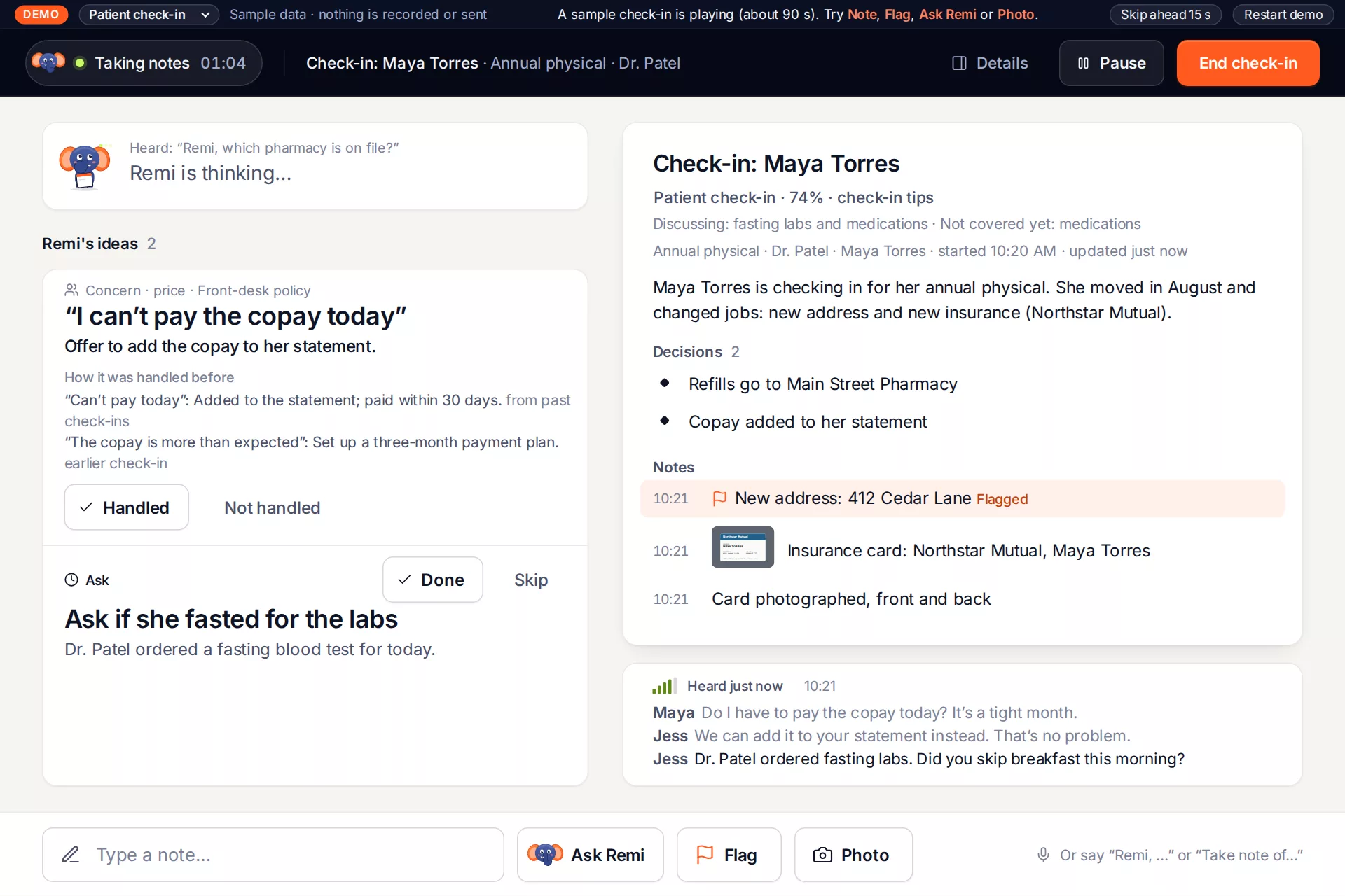 Check-in screen with live notes and Remi's ideas